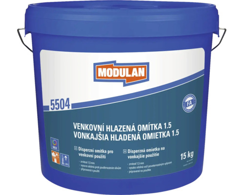 Modulan 5504 venkovní hlazená omítka 1,5 milimetru, 15 kilogramů v kbelíku, disperzní omítka připravená k přímému použití.