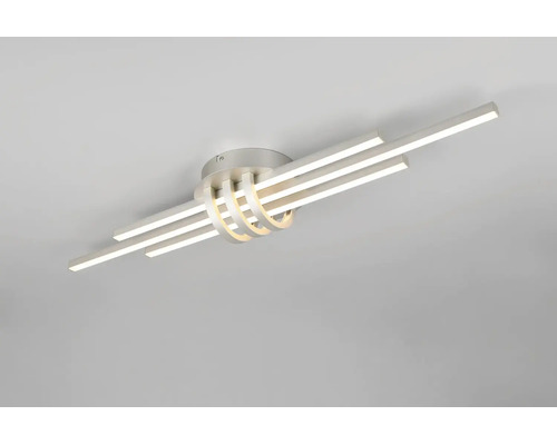 Moderní stropní LED svítidlo se třemi paralelními světelnými lištami a zakřivenými kovovými prvky pro přímé osvětlení.