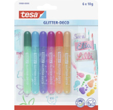 Sada šesti třpytivých per Tesa Glitter-Deco o obsahu 10 gramů pro kreativní tvoření na papír, karton a další materiály.