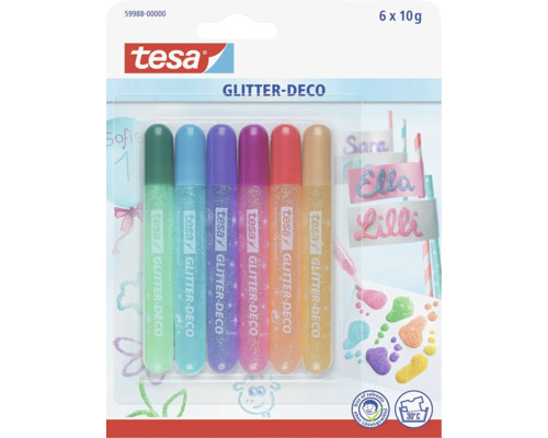 Sada šesti třpytivých per Tesa Glitter-Deco o obsahu 10 gramů pro kreativní tvoření na papír, karton a další materiály.