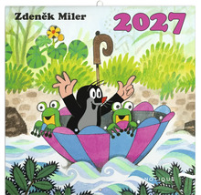 Nástěnný kalendář pro rok 2027 s ilustrací Krtečka od Zdeňka Milera plujícího v deštníku se dvěma žabkami.