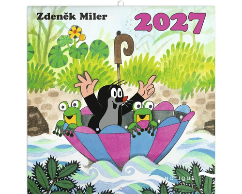 Nástěnný kalendář pro rok 2027 s ilustrací Krtečka od Zdeňka Milera plujícího v deštníku se dvěma žabkami.
