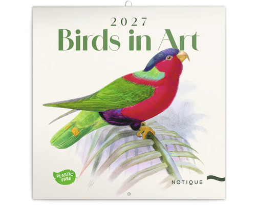 Nástěnný kalendář 2027 Birds in Art s vyobrazením barevného papouška na větvi z papíru bez plastů