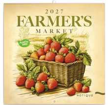 Nástěnný kalendář 2027 Farmers Market s motivem jahod v košíku, umělecká ilustrace, bez plastu