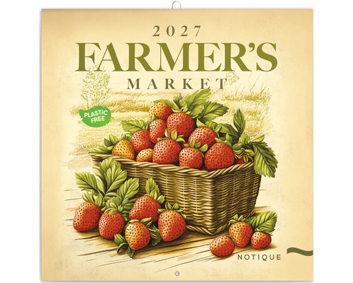 Nástěnný kalendář 2027 Farmers Market s motivem jahod v košíku, umělecká ilustrace, bez plastu