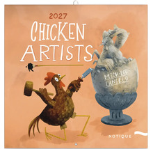 Nástěnný kalendář Chicken Artists 2027 s humornou ilustrací slepice jako sochaře.