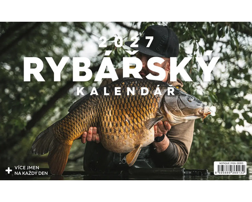 Rybářský kalendář pro rok 2027 s motivem rybáře držícího velkého kapra.