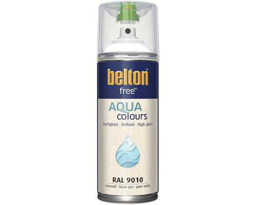 Sprejový lak Belton Free Aqua Colours v čistě bílé barvě RAL 9010 s vysokým leskem