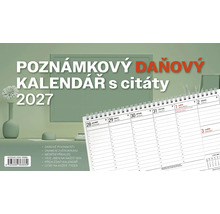 Poznámkový daňový kalendář 2027 s citáty, týdenní plánovač s kalendáriem, jmény, horoskopy a daňovými povinnostmi.