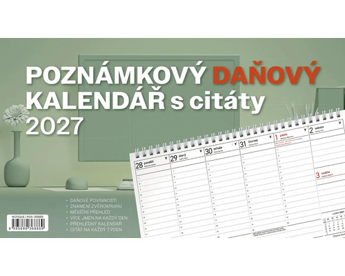 Poznámkový daňový kalendář 2027 s citáty, týdenní plánovač s kalendáriem, jmény, horoskopy a daňovými povinnostmi.