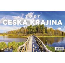 Nástěnný kalendář 2027 s motivem české krajiny a dřevěnou lávkou přes jezero.