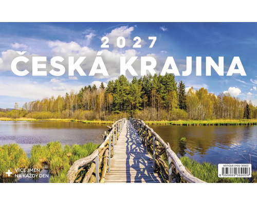 Nástěnný kalendář 2027 s motivem české krajiny a dřevěnou lávkou přes jezero.