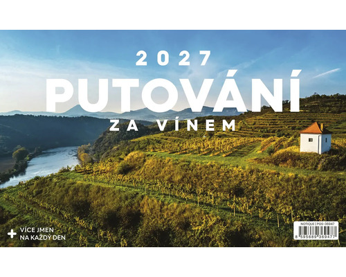 Nástěnný kalendář 2027 Putování za vínem s fotografií vinic u řeky a malou stavbou v krajině