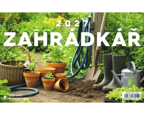 Nástěnný kalendář 2027 Zahrádkář s motivem zahrady, květináčů, holínek, nářadí a konve