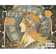 Nástěnný kalendář 2027 s motivem Alphonse Muchy, design zvěrokruhu s vyobrazením ženy a astrologických znamení, dekorativní kalendář.