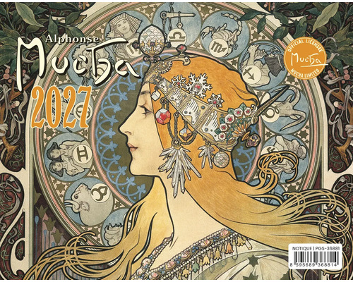 Nástěnný kalendář 2027 s motivem Alphonse Muchy, design zvěrokruhu s vyobrazením ženy a astrologických znamení, dekorativní kalendář.
