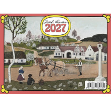 Nástěnný kalendář 2027 s ilustracemi Josefa Lady zobrazující venkovskou scénu s koňmi a statkem v České republice.