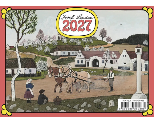 Nástěnný kalendář 2027 s ilustracemi Josefa Lady zobrazující venkovskou scénu s koňmi a statkem v České republice.