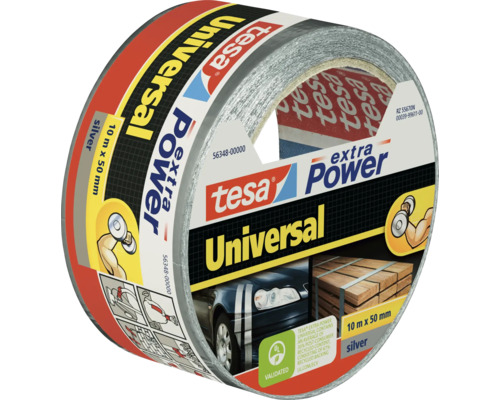 Univerzální textilní páska Tesa Extra Power v stříbrné barvě, role o délce 10 metrů a šířce 50 milimetrů pro opravy a upevnění.