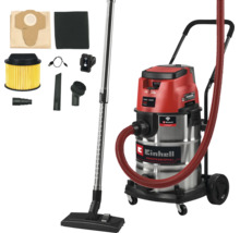 Akumulátorový vysavač na mokré a suché sání Einhell Professional s příslušenstvím jako filtry a sací trubice.
