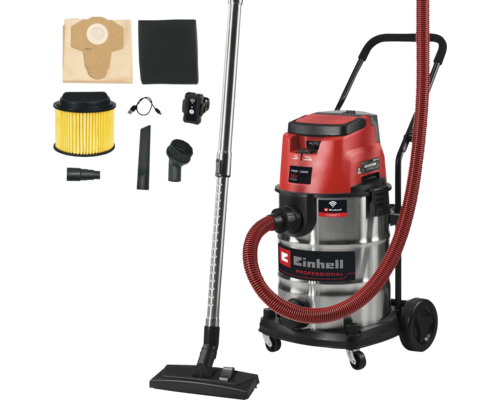 Akumulátorový vysavač na mokré a suché sání Einhell Professional s příslušenstvím jako filtry a sací trubice.