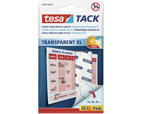 Tesa Tack oboustranné lepicí podložky XL, 36 kusů, transparentní lepicí podložky pro čisté upevnění bez připínáčků.