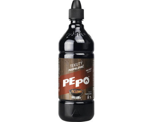 Tekuty podpalovac PEPO v lahvi o objemu 1 litr pro zapalovani grilu na drevene uhli