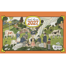 Nástěnný kalendář 2027 s ilustracemi Josefa Lady, venkovská scéna s lidmi a zvířaty v kopcovité krajině.