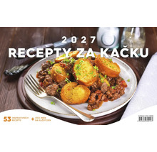 Nástěnný kalendář 2027 s recepty na masitá jídla a jmény na každý den.