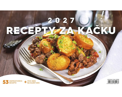 Nástěnný kalendář 2027 s recepty na masitá jídla a jmény na každý den.