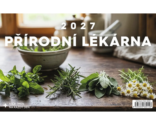 Nástěnný kalendář 2027 Přírodní lékárna s čerstvými bylinkami jako máta, rozmarýn, šalvěj a heřmánek na rustikálním dřevěném stole.