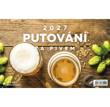Nástěnný kalendář 2027 Putování za pivem s pivními sklenicemi, šišticemi chmele a zrny ječmene na rustikálním dřevěném pozadí.