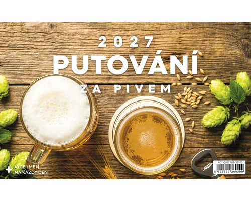 Nástěnný kalendář 2027 Putování za pivem s pivními sklenicemi, šišticemi chmele a zrny ječmene na rustikálním dřevěném pozadí.