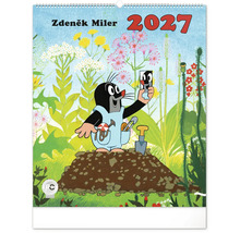Nástěnný kalendář 2027 s motivem Krtečka od Zdeňka Milera v zahradním prostředí s různými květinami a zahradním nářadím.