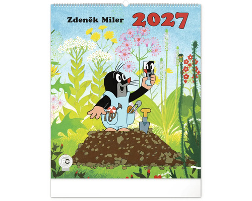Nástěnný kalendář 2027 s motivem Krtečka od Zdeňka Milera v zahradním prostředí s různými květinami a zahradním nářadím.
