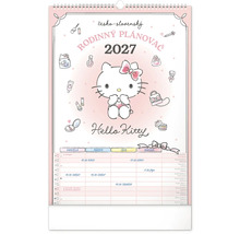 Nástěnný rodinný plánovací kalendář 2027 s motivem Hello Kitty pro organizaci rodinných událostí se čtyřmi sloupci