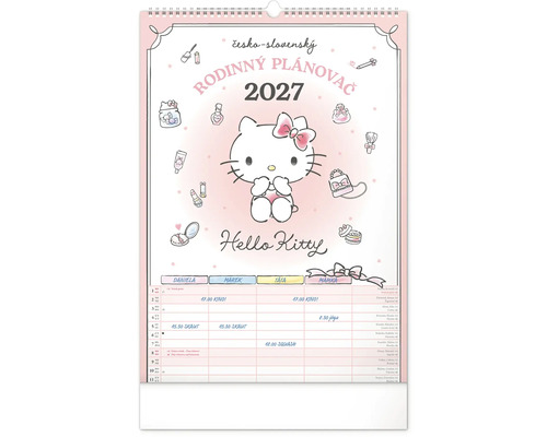 Nástěnný rodinný plánovací kalendář 2027 s motivem Hello Kitty pro organizaci rodinných událostí se čtyřmi sloupci