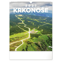 Nástěnný kalendář 2027 s horskou krajinou Krkonoš a turistickými cestami