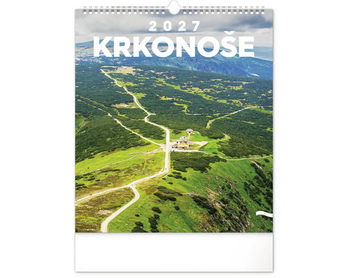 Nástěnný kalendář 2027 s horskou krajinou Krkonoš a turistickými cestami