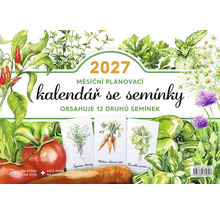 Měsíční plánovací kalendář 2027 se semínky 12 druhů bylinek, zeleniny a květin, vhodný na stěnu i na stůl.