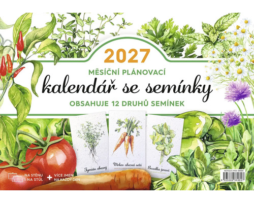 Měsíční plánovací kalendář 2027 se semínky 12 druhů bylinek, zeleniny a květin, vhodný na stěnu i na stůl.