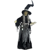 Animovaná halloweenská čarodějnice jako dekorativní figurka s kloboukem a kouzelnou knihou pro interiér i exteriér