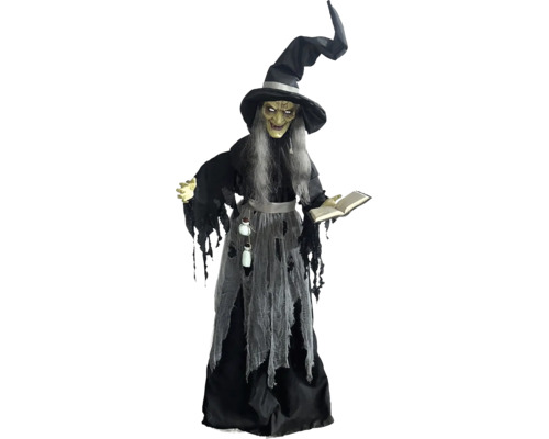 Animovaná halloweenská čarodějnice jako dekorativní figurka s kloboukem a kouzelnou knihou pro interiér i exteriér