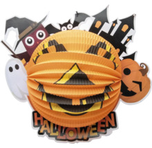 Halloween papírový lampion ve tvaru dýně s duchy a dekorací strašidelného hradu