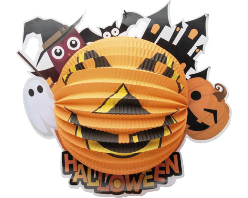 Halloween papírový lampion ve tvaru dýně s duchy a dekorací strašidelného hradu