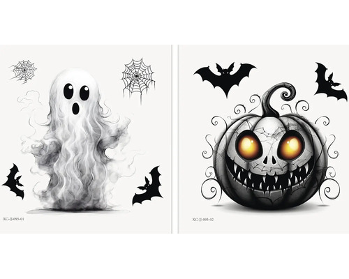 Sada dvou halloweenských samolepek na okno s motivem ducha a dýně, doplněná o netopýry a pavučiny pro dekoraci.