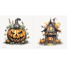 Dvě halloweenské nástěnné nálepky s vyřezávanou dýní a strašidelným domem v ilustrovaném stylu.