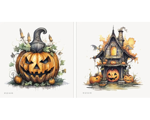 Dvě halloweenské nástěnné nálepky s vyřezávanou dýní a strašidelným domem v ilustrovaném stylu.