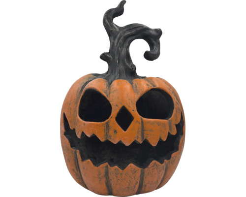 Dekorativni halloweenska dyne z umele pryskyrice s desivym oblicejem a zakroucenou stopkou jako stolni dekorace.