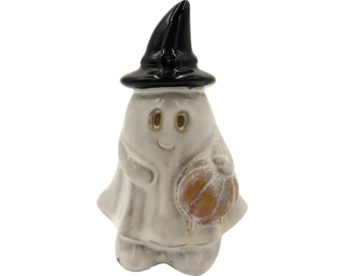 Keramická figurka ducha s čarodějnickým kloboukem a dýní jako halloweenská dekorace